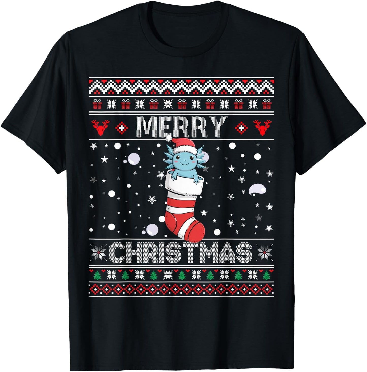 Axolotl Stocking Merry Ugly Christmas Kawaii Sweater Holiday T-Shirt - T-Shirt | Black