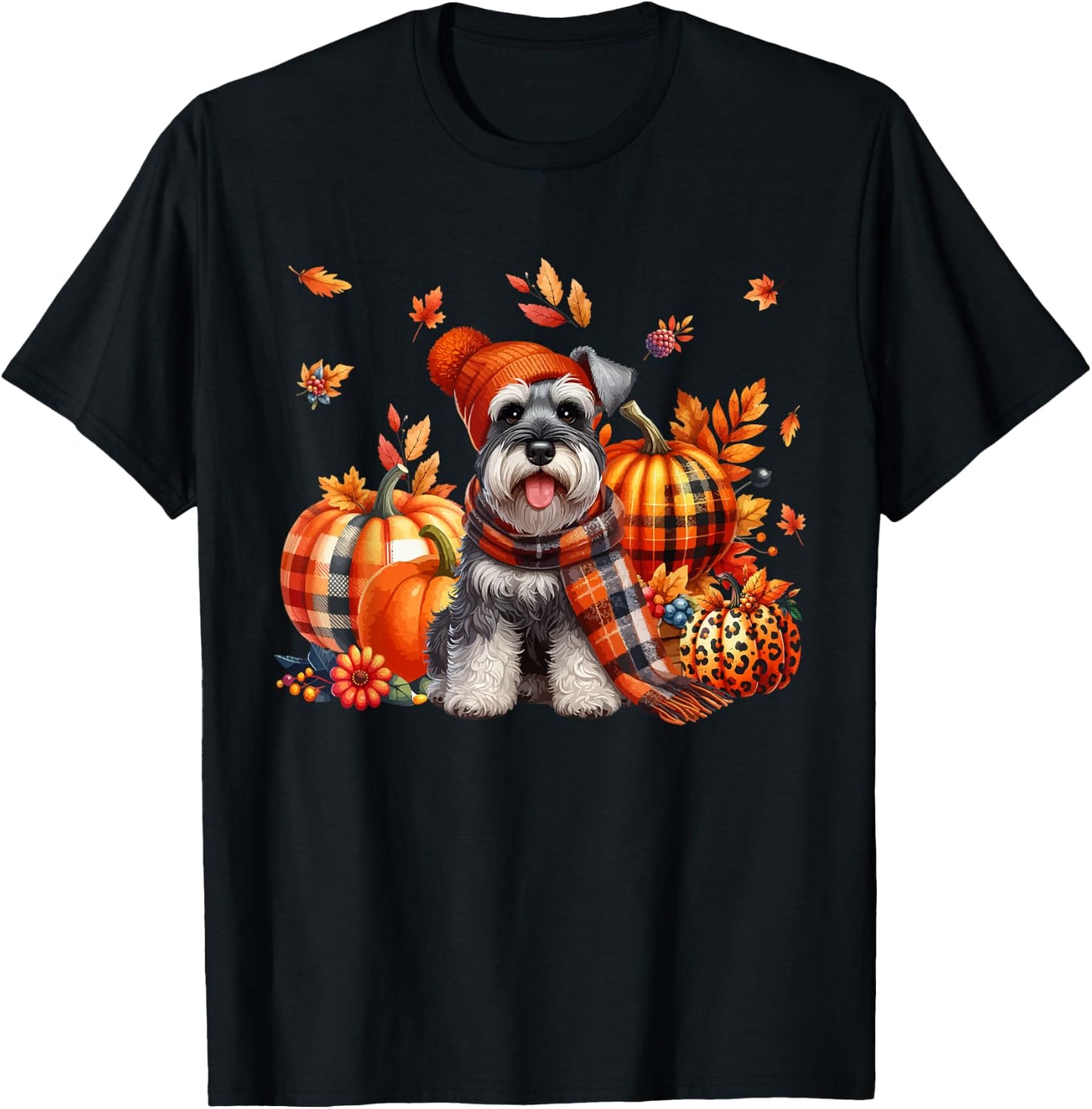 Schnauzer Thanksgiving Leopard Pumpkins Fall Leaves Lover T-Shirt - T-Shirt | Black