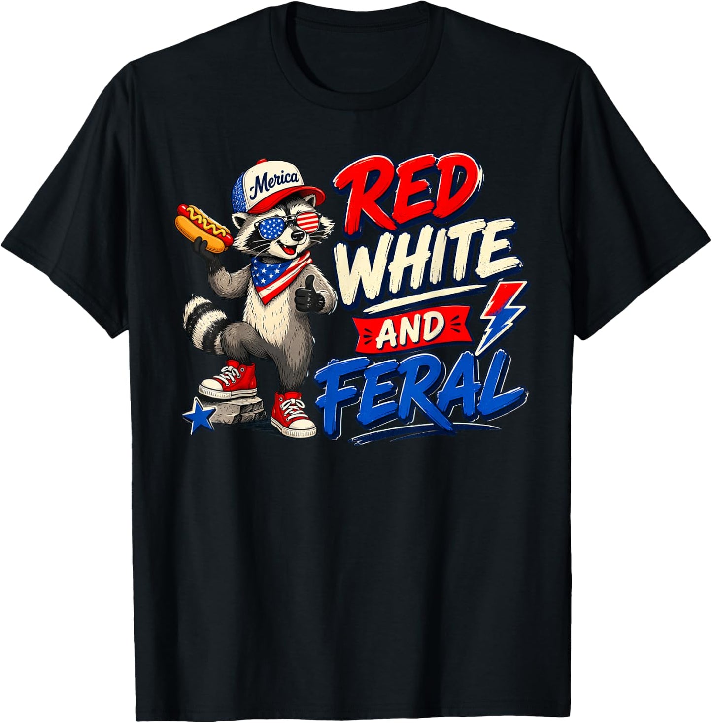 Red White and Feral Patriotic Raccoon American Flag T-Shirt - T-Shirt | Black