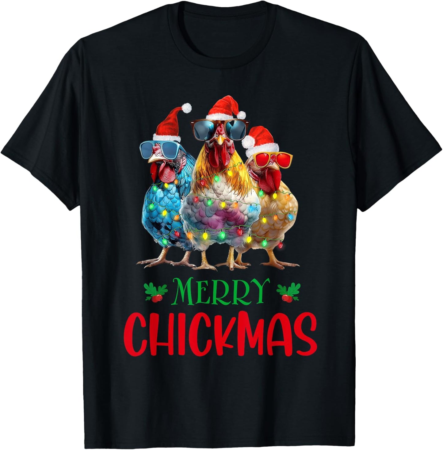 Merry Chickmas Ornament Lights Chicken Farmer Christmas T-Shirt - T-Shirt | Black