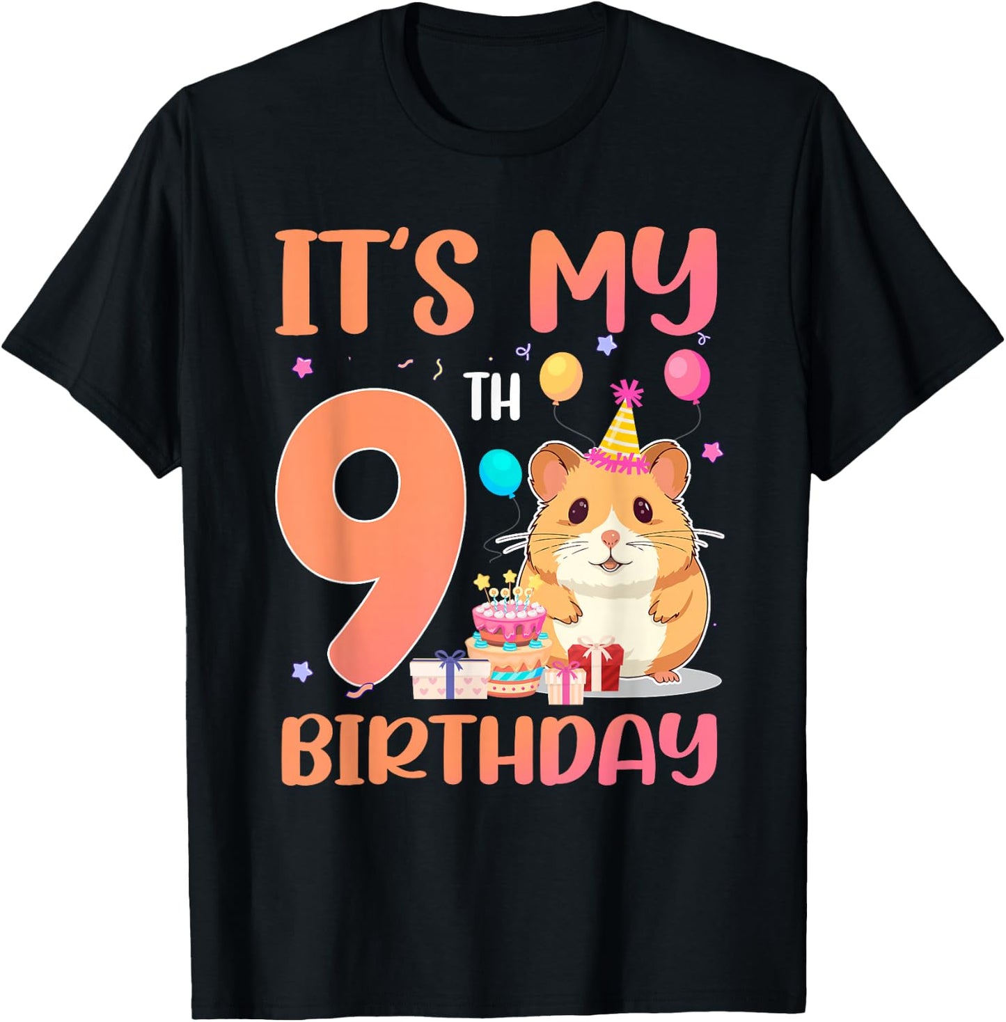 It's My 9th Birthday Cute Hamster 9 Year Old Kids T-Shirt - T-Shirt | Black