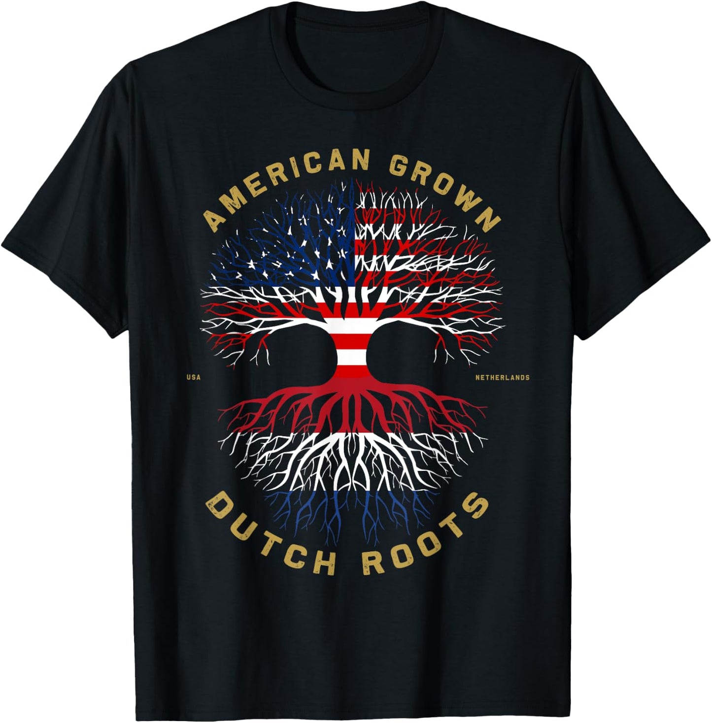 American Grown With Dutch Roots Tree USA Flag Unique Gifts Women Kids Men T-Shirt - T-Shirt | Black