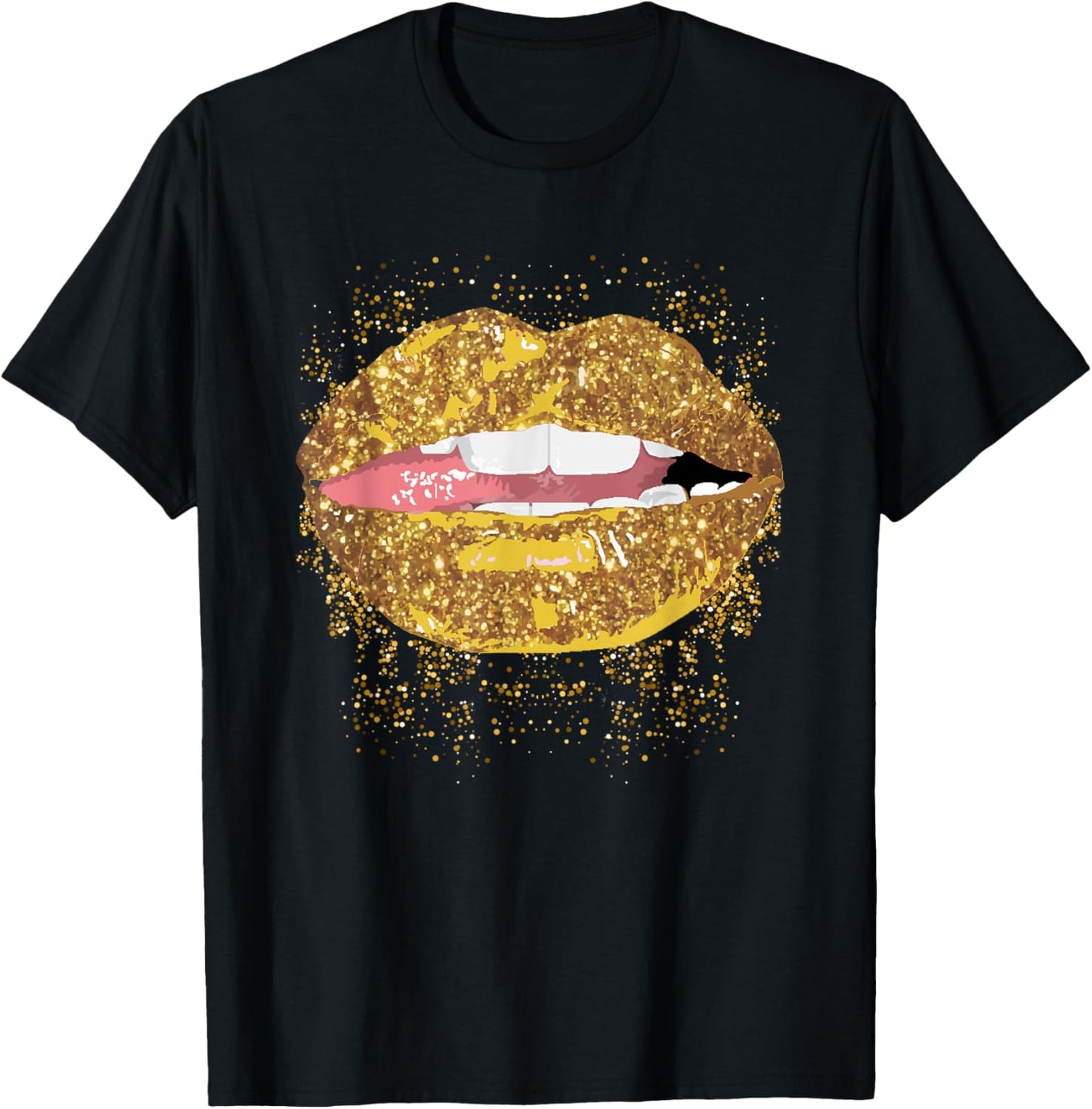 Gold Lips Side Tongue Biting for Sexy Lipstick Mouth Kisser T-Shirt - T-Shirt | Black