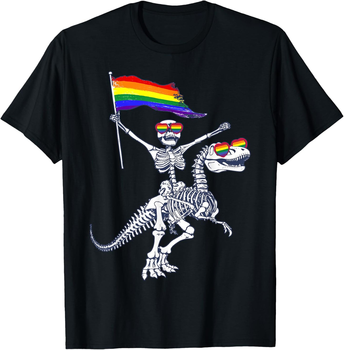 LGBT Flag Skeleton Riding T-Rex Dinosaur Gay Pride Month T-Shirt - T-Shirt | Black