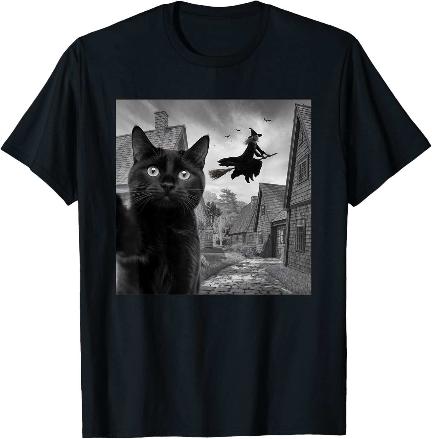 Witch and Black Cat Selfie Photo Halloween Magic Lovers T-Shirt - T-Shirt | Black