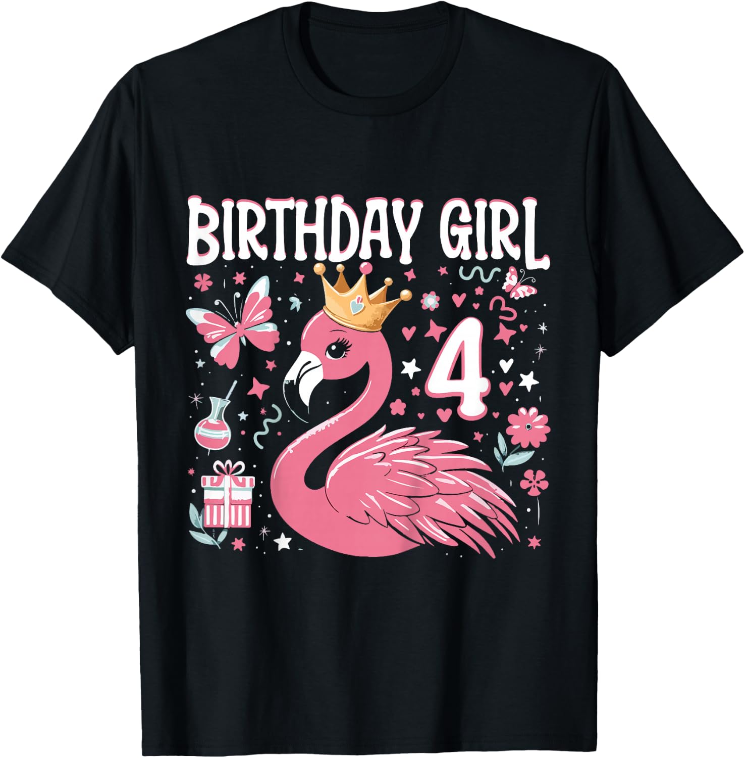 Kids 4th Birthday Gift Flamingo Fan 4 Year Old Girls 4th Bday T-Shirt - T-Shirt | Black