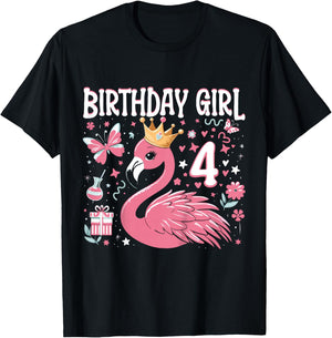 Kids 4th Birthday Gift Flamingo Fan 4 Year Old Girls 4th Bday T-Shirt - T-Shirt | Black