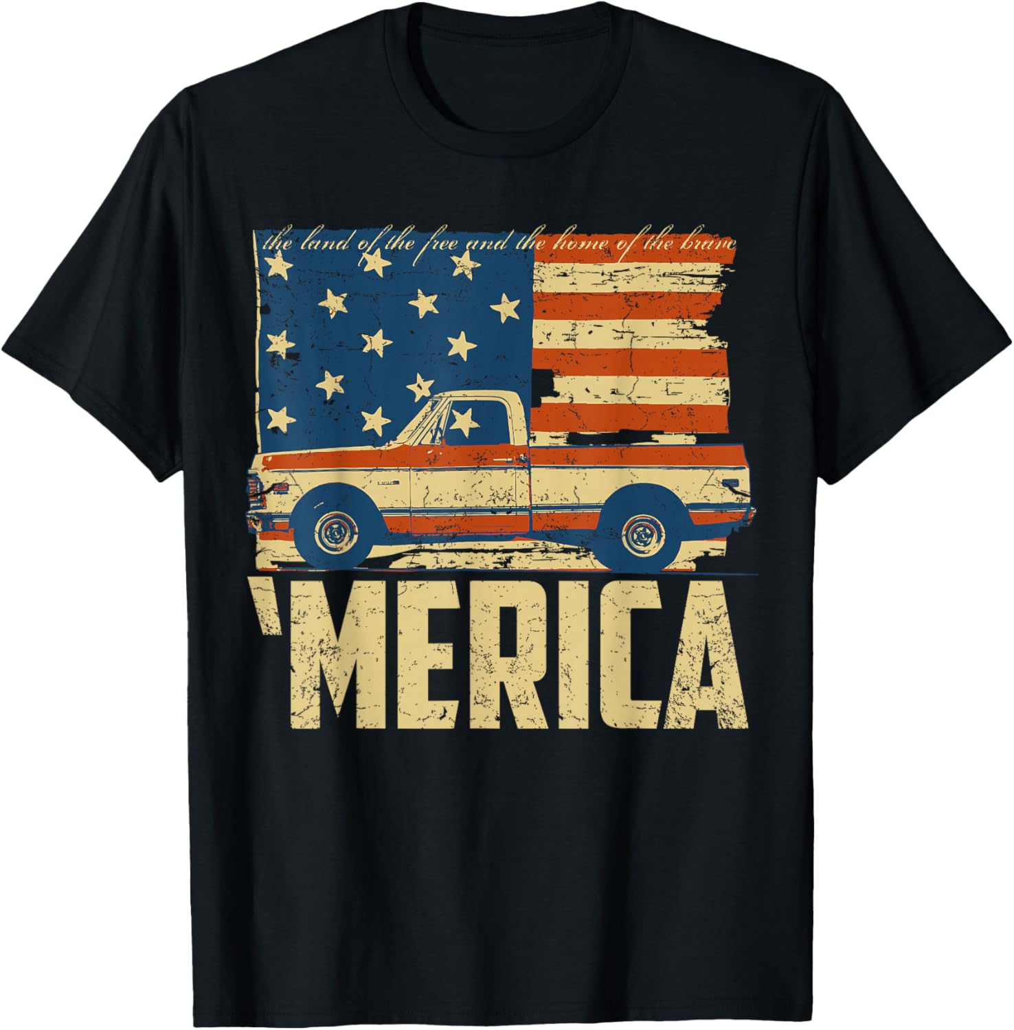 Classic Truck Design 'Merica American Flag with Pickup Truck T-Shirt - T-Shirt | Black