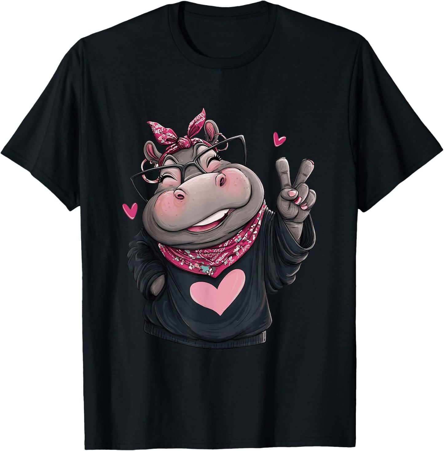 Cute Hippo Female Character Peace Sign Kawaii Pop Graphic T-Shirt - T-Shirt | Black