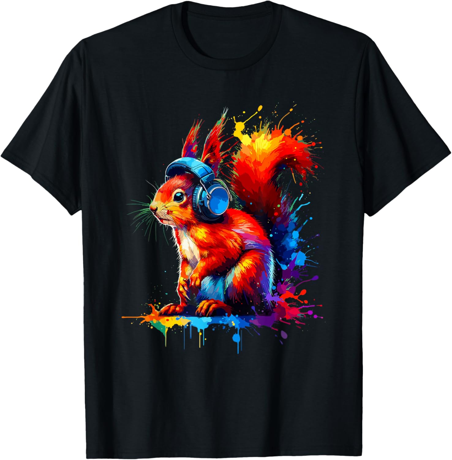 Colourful Splash Art Headphones with Red Squirrel , black T-Shirt - T-Shirt | Black