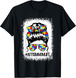 Autism Mom Life Messy Bun Sunglasses Bandana Mother's Day T-Shirt - T-Shirt | Black
