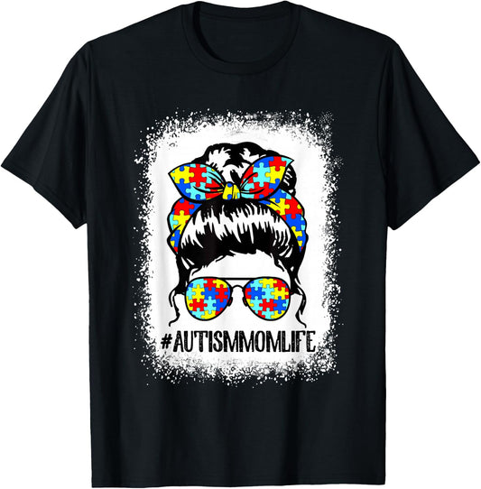 Autism Mom Life Messy Bun Sunglasses Bandana Mother's Day T-Shirt - T-Shirt | Black