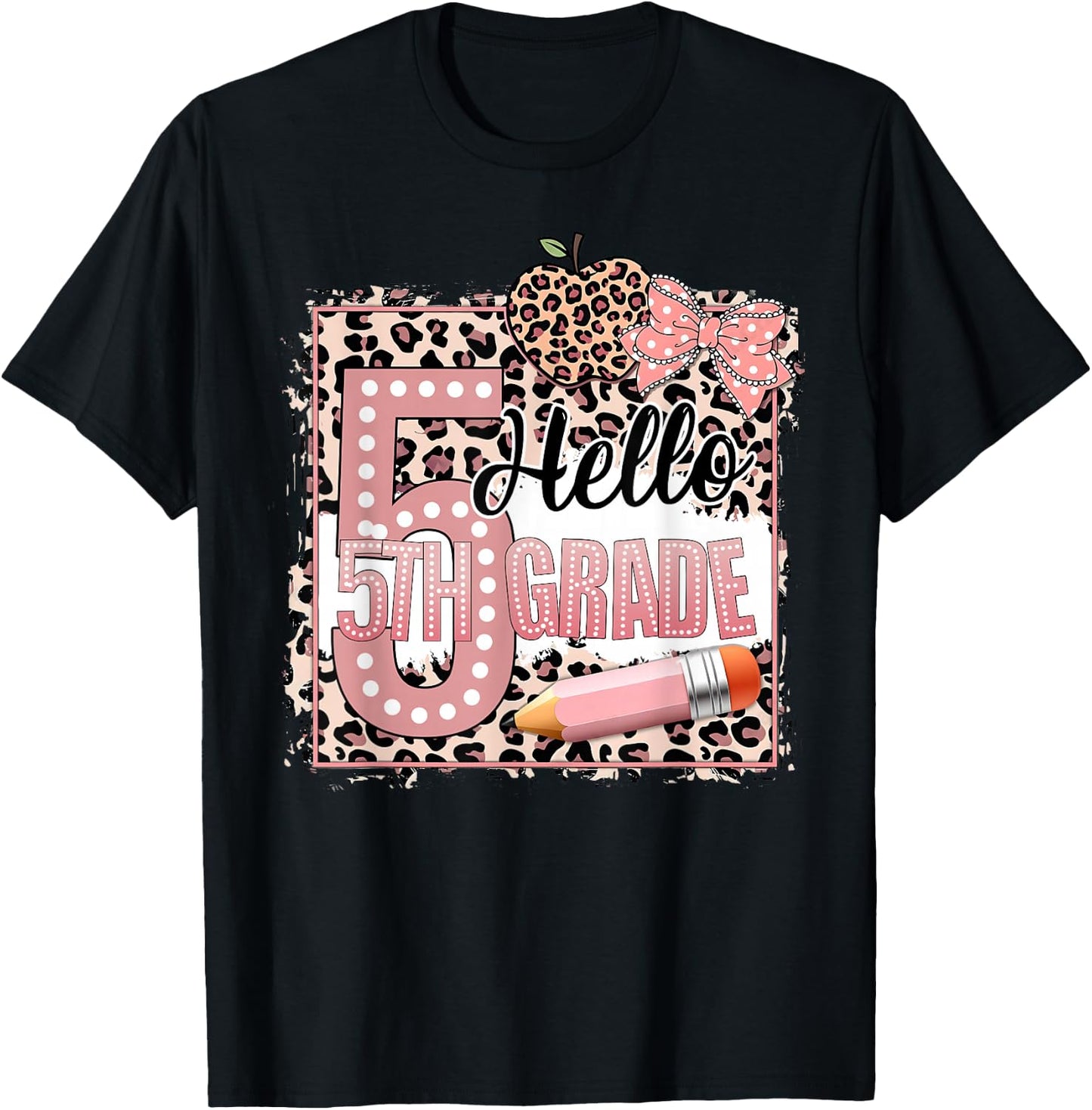 Cute Hello 5th Grade Pink Leopard Print Girls Kids T-Shirt - T-Shirt | Black