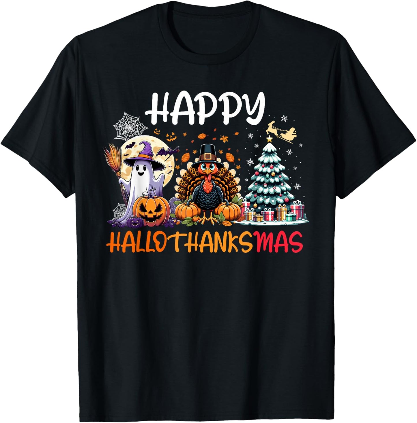 Halloween Thanksgiving Christmas Turkey Happy HalloThanksMas T-Shirt - T-Shirt | Black
