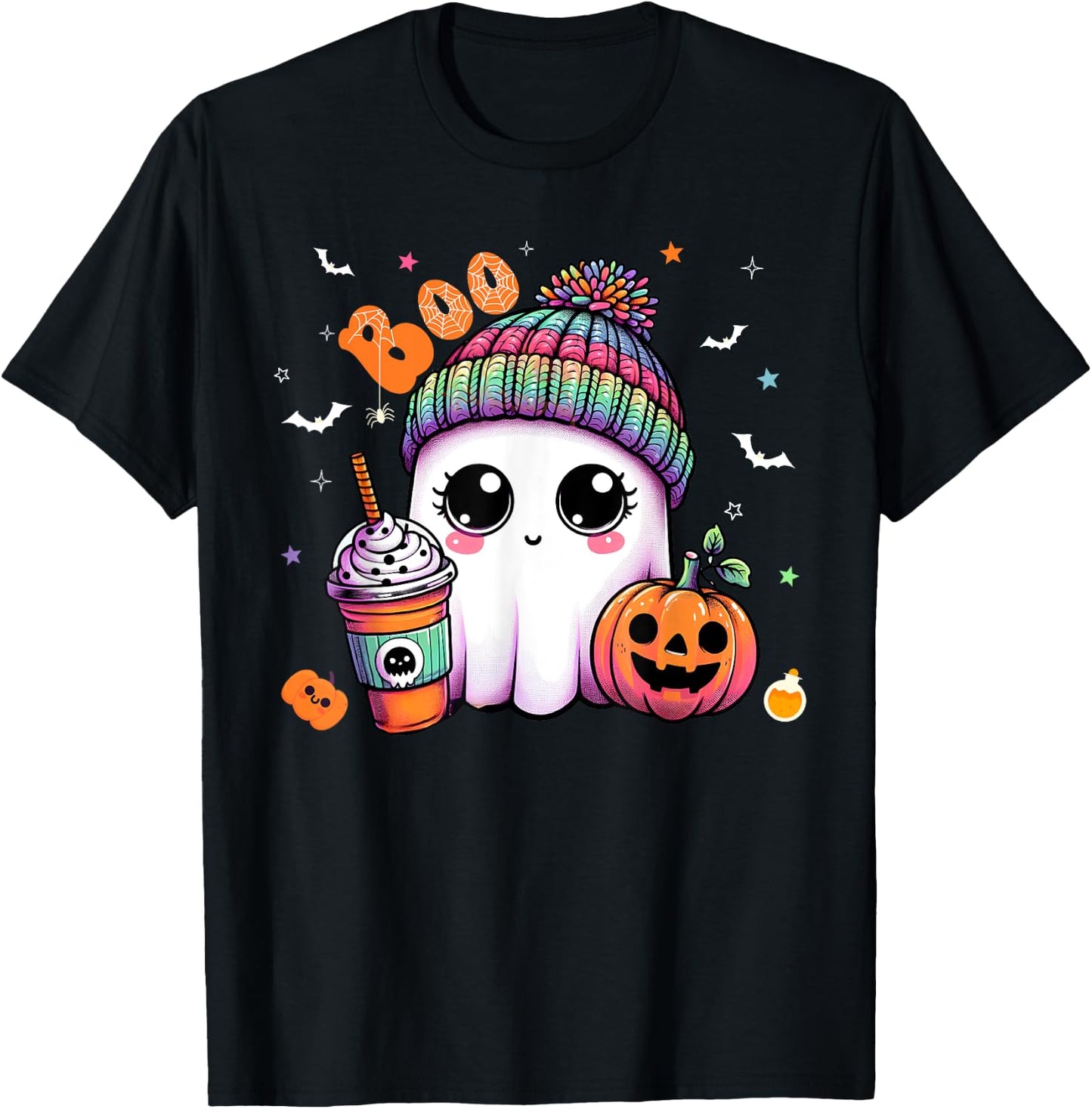 Cute Ghost Boo Drinking Pumpkin Spice Coffee Halloween T-Shirt - T-Shirt | Black