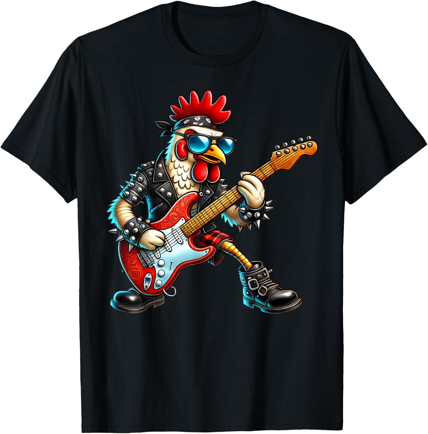 Funny Punk Chicken Rock N Roll Chicken Guitar Band T-Shirt - T-Shirt | Black