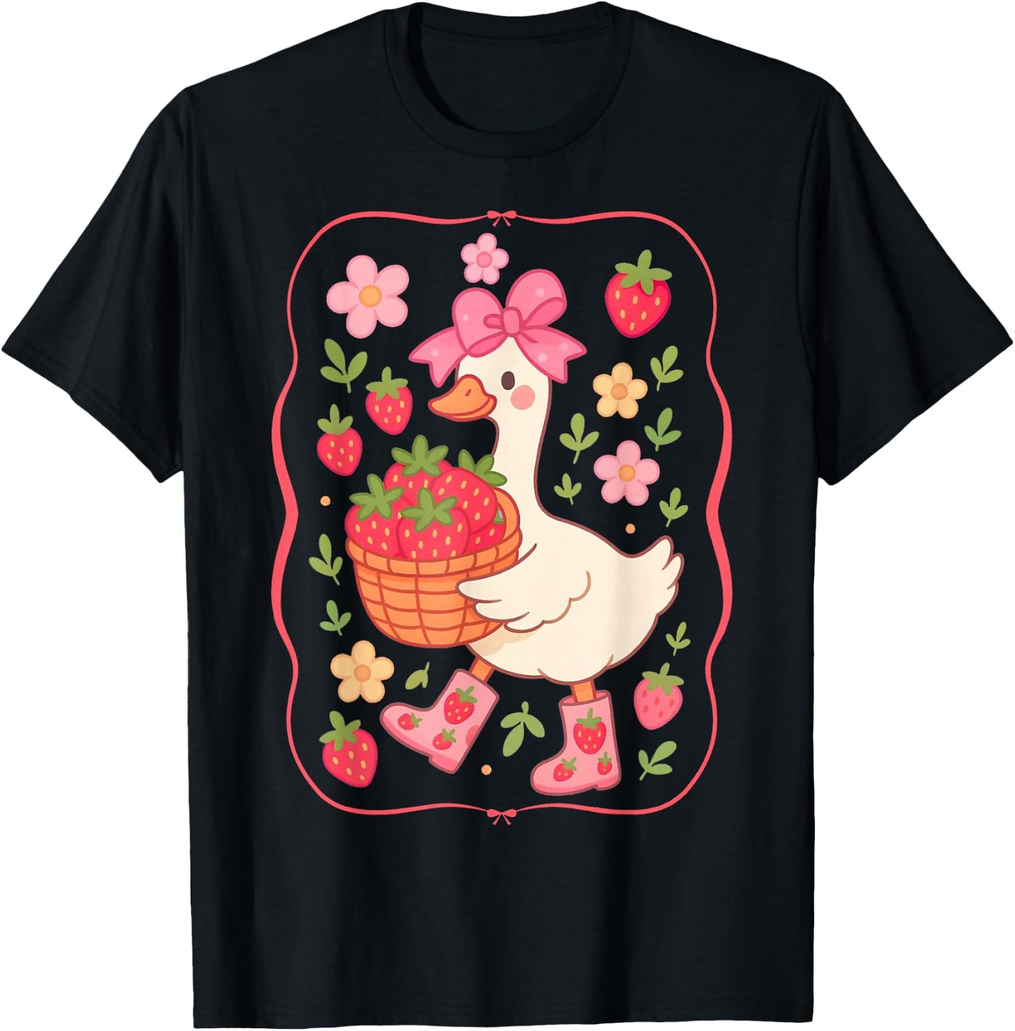 Cute Strawberry Goose Coquette Bow Floral Summer Goose T-Shirt - T-Shirt | Black