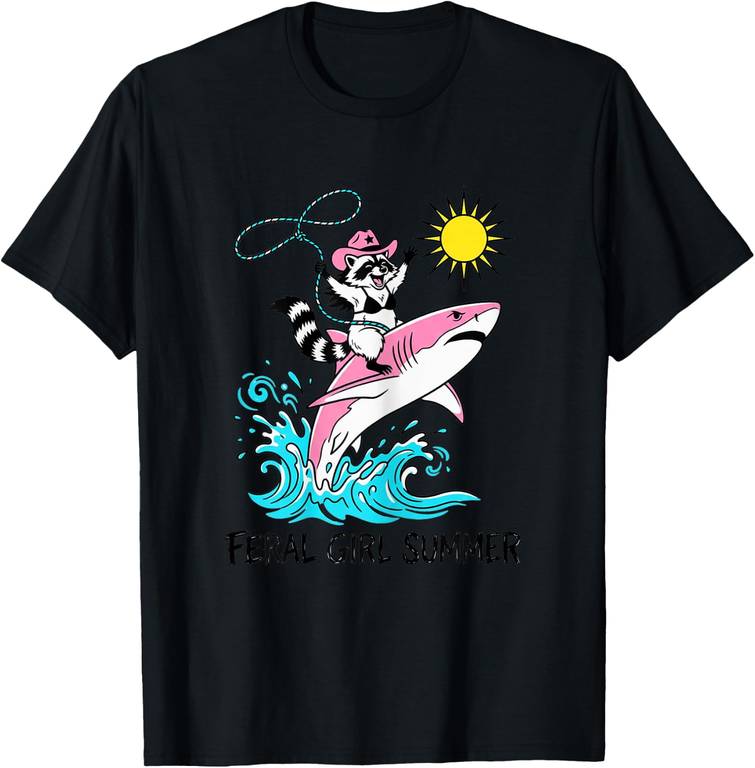 Funny Beach Raccoon Feral Girl Summer T-Shirt - T-Shirt | Black
