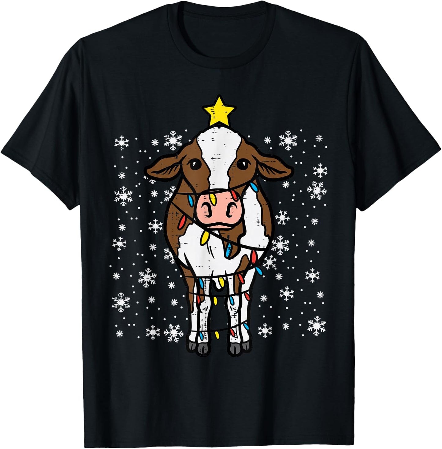 Cow Christmas Lights Funny Xmas Farm Farmer Men Women Kids T-Shirt - T-Shirt | Black