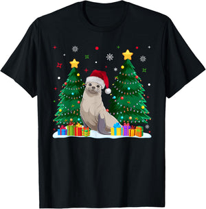 Funny Animal Lovers Seal Santa Hat Ugly Christmas Sweater T-Shirt - T-Shirt | Black