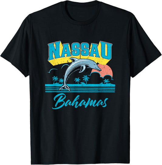 Nassau Bahamas Sunset Palm Tree Dolphin Retro Vacation T-Shirt - T-Shirt | Black