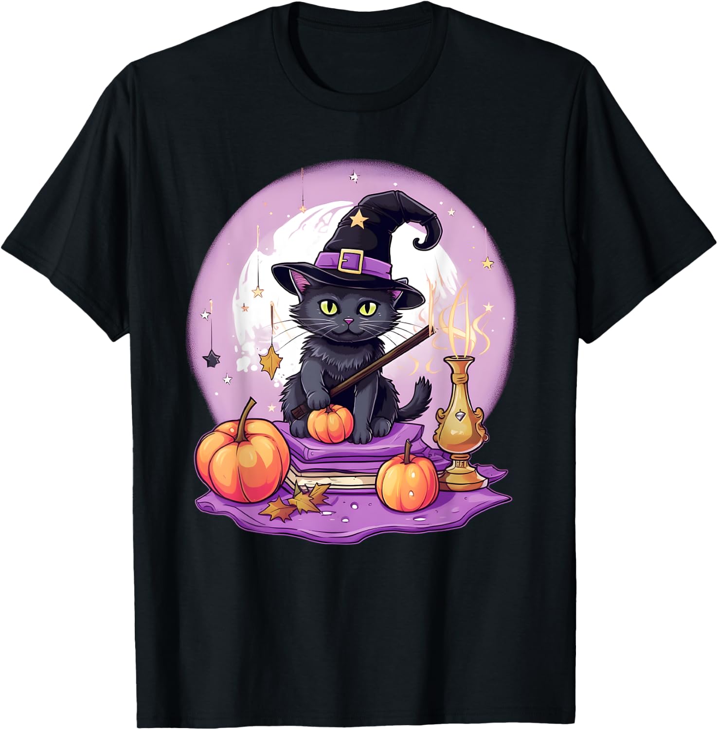 Black Cat Witch Halloween Toddler Girls Moon T-Shirt - T-Shirt | Black