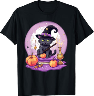 Black Cat Witch Halloween Toddler Girls Moon T-Shirt - T-Shirt | Black