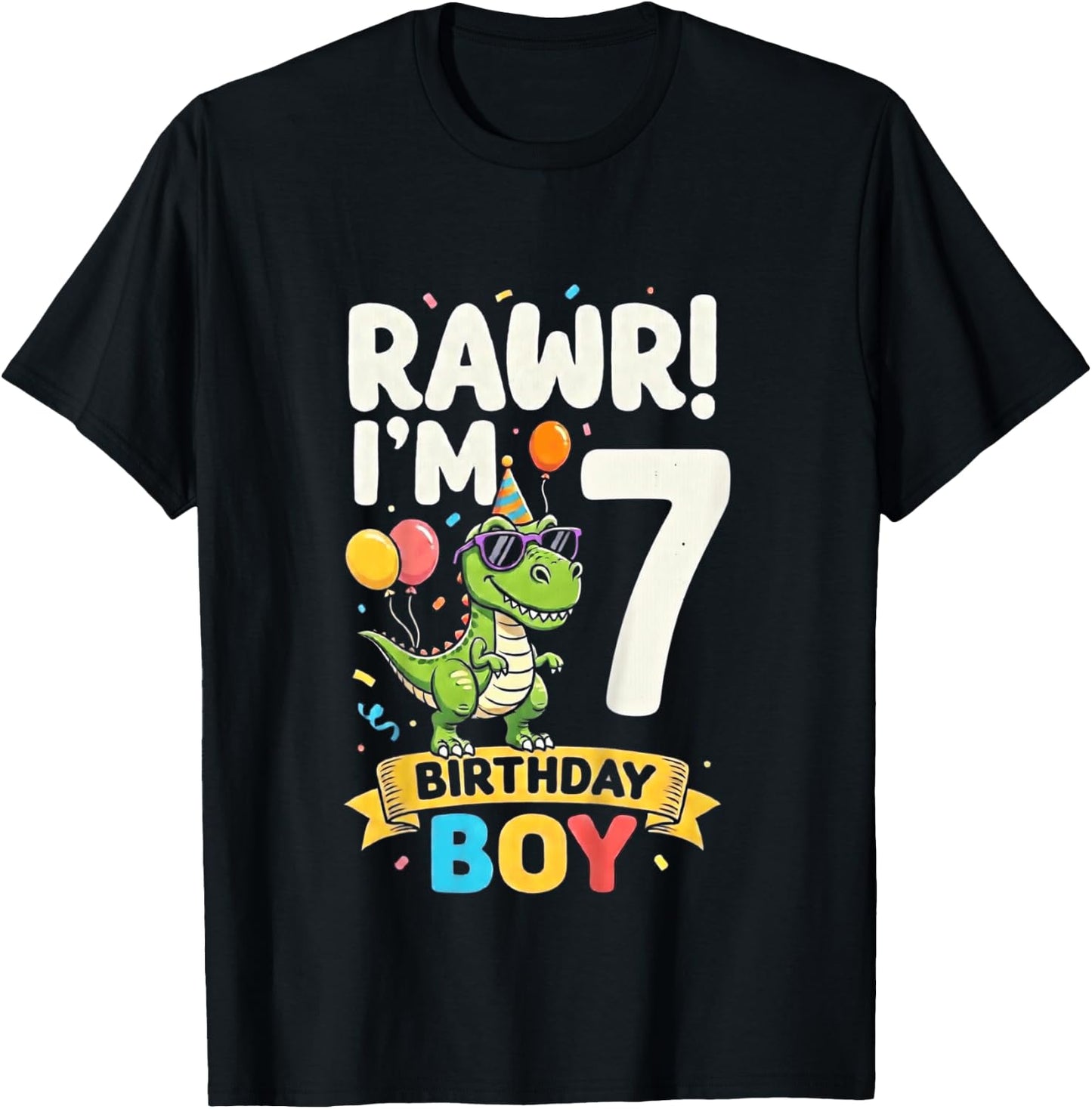 Kids Seven 7yr 7th Birthday Rawr Dinosaur 7 Year Old Birthday Boy T-Shirt - T-Shirt | Black