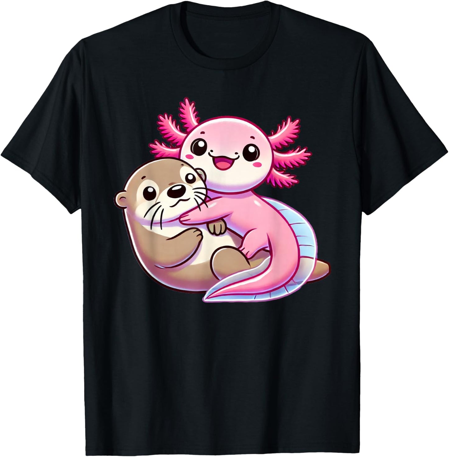 Cute Axolotl Hugging Otter T-Shirt - T-Shirt | Black