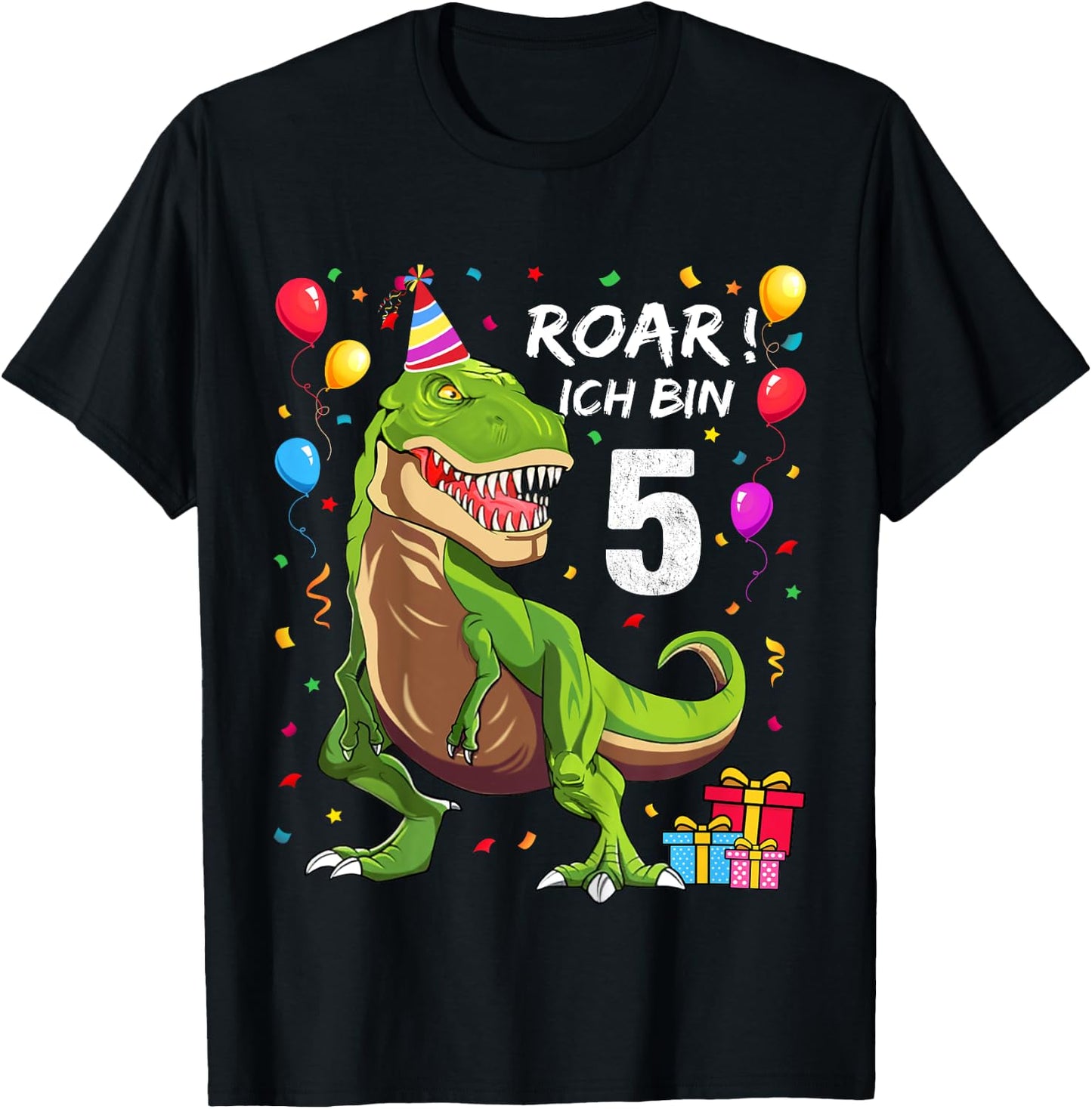 Children's Birthday Shirt 5 Years Boy Dinosaur Dino I Am 5 , black T-Shirt - T-Shirt | Black
