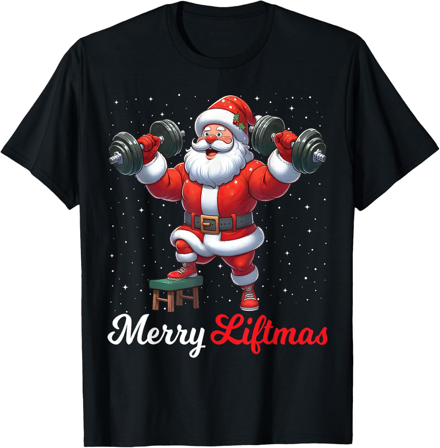 Merry Liftmas Santa Weightlifting Gym Fitness Christmas Snow T-Shirt - T-Shirt | Black