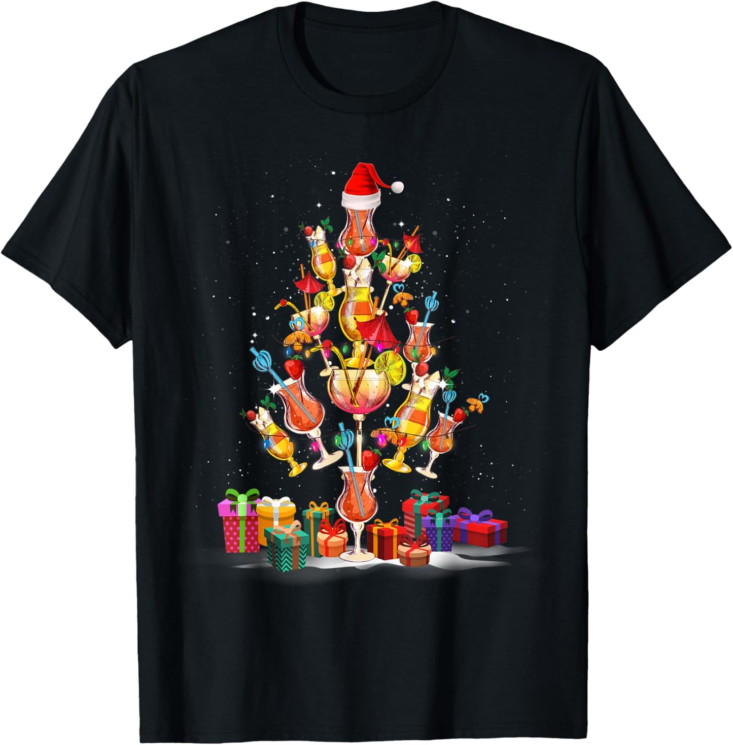 Cocktail Glasses Santa Hat Christmas Tree Drinks Xmas Pajama T-Shirt - T-Shirt | Black
