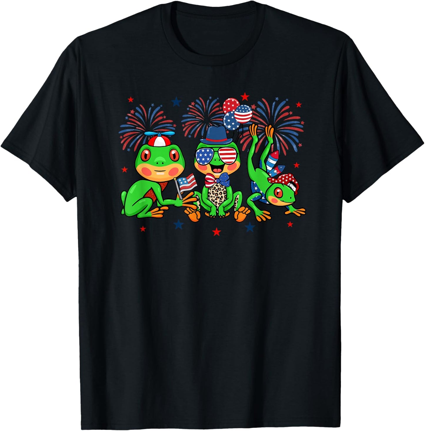Funny Frog American Flag Leopard Fireworks 4th Of July T-Shirt - T-Shirt | Black