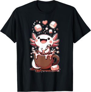 Kawaii Axolotl Hot Chocolate Marshmallow Chocolate Axolotl T-Shirt - T-Shirt | Black
