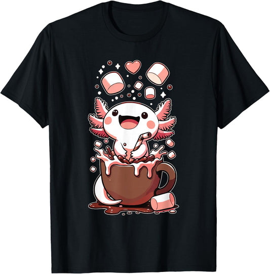 Kawaii Axolotl Hot Chocolate Marshmallow Chocolate Axolotl T-Shirt - T-Shirt | Black