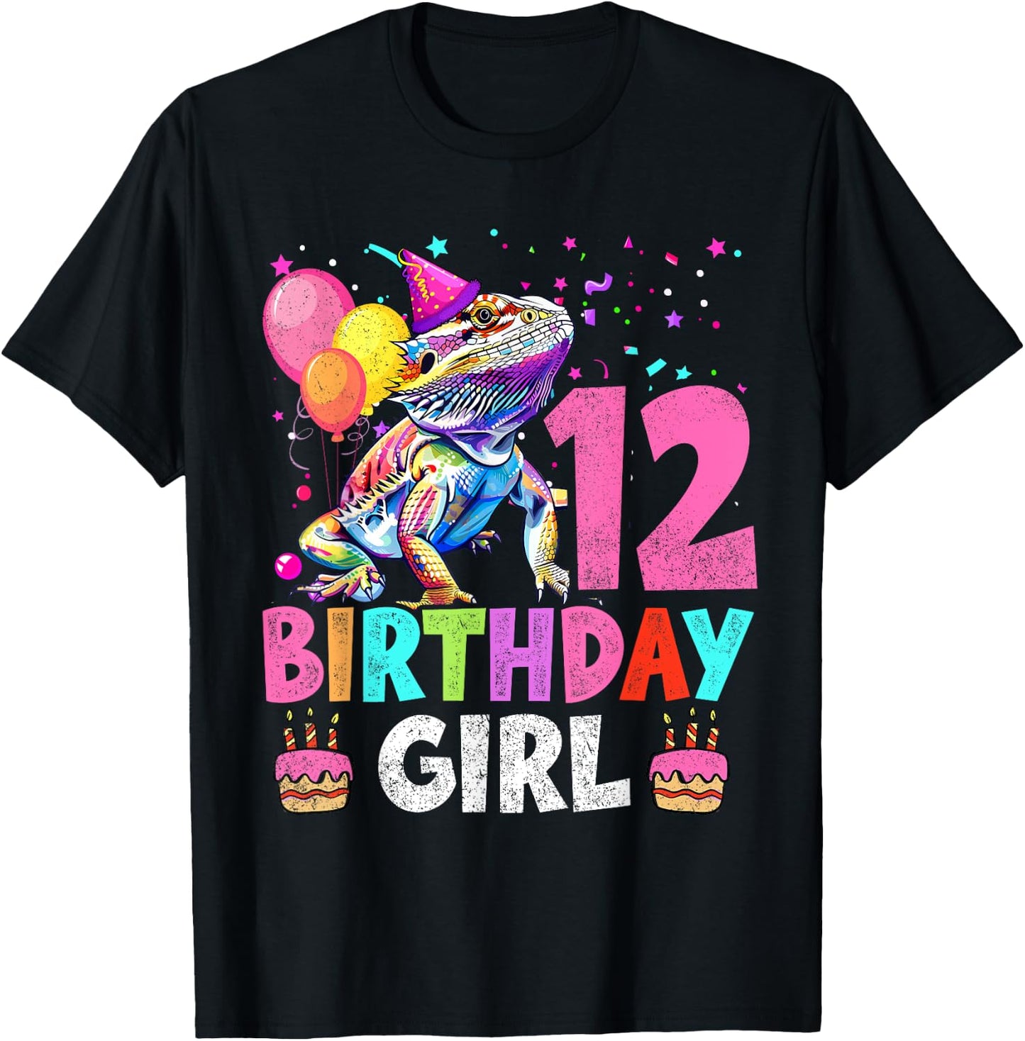 12th Birthday Girl Bearded Dragon 12 Years Old Bday Party T-Shirt - T-Shirt | Black