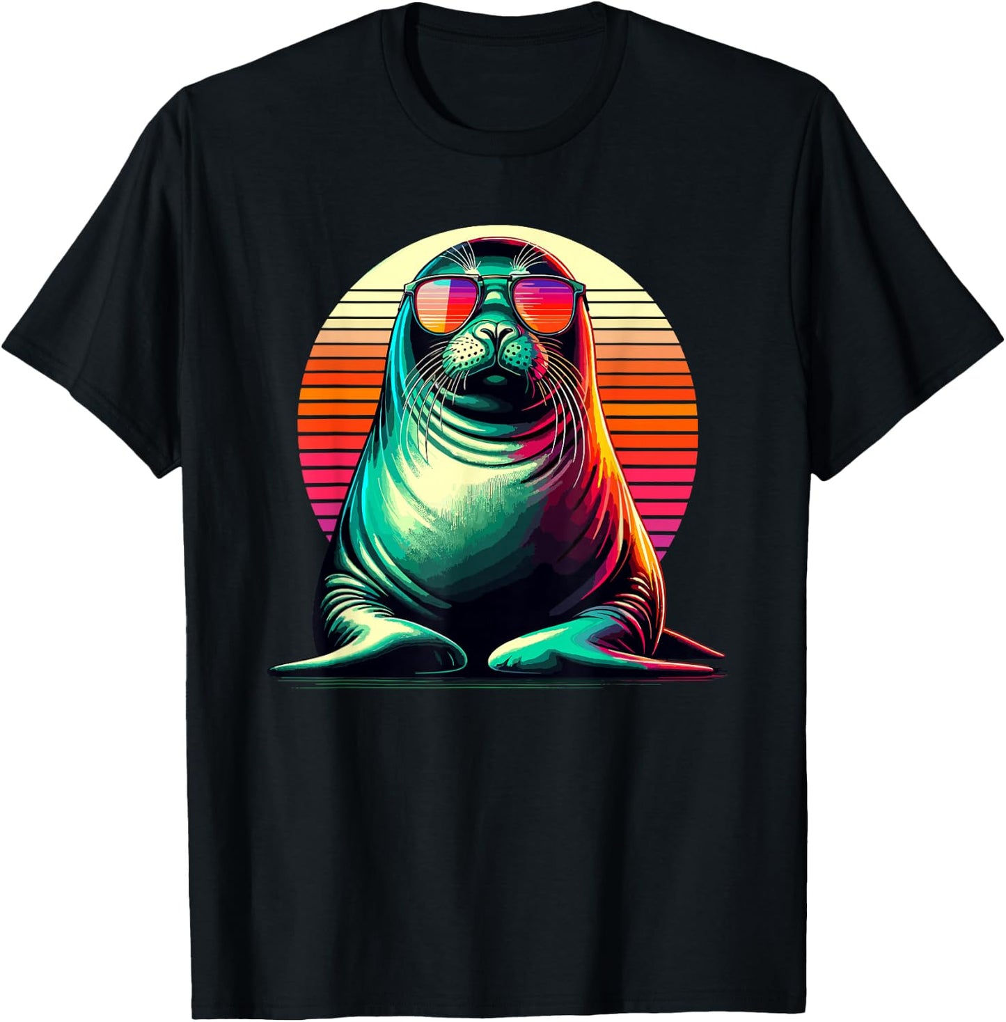 Retro Sunset Hawaiian Monk Seal Sunglasses T-Shirt - T-Shirt | Black