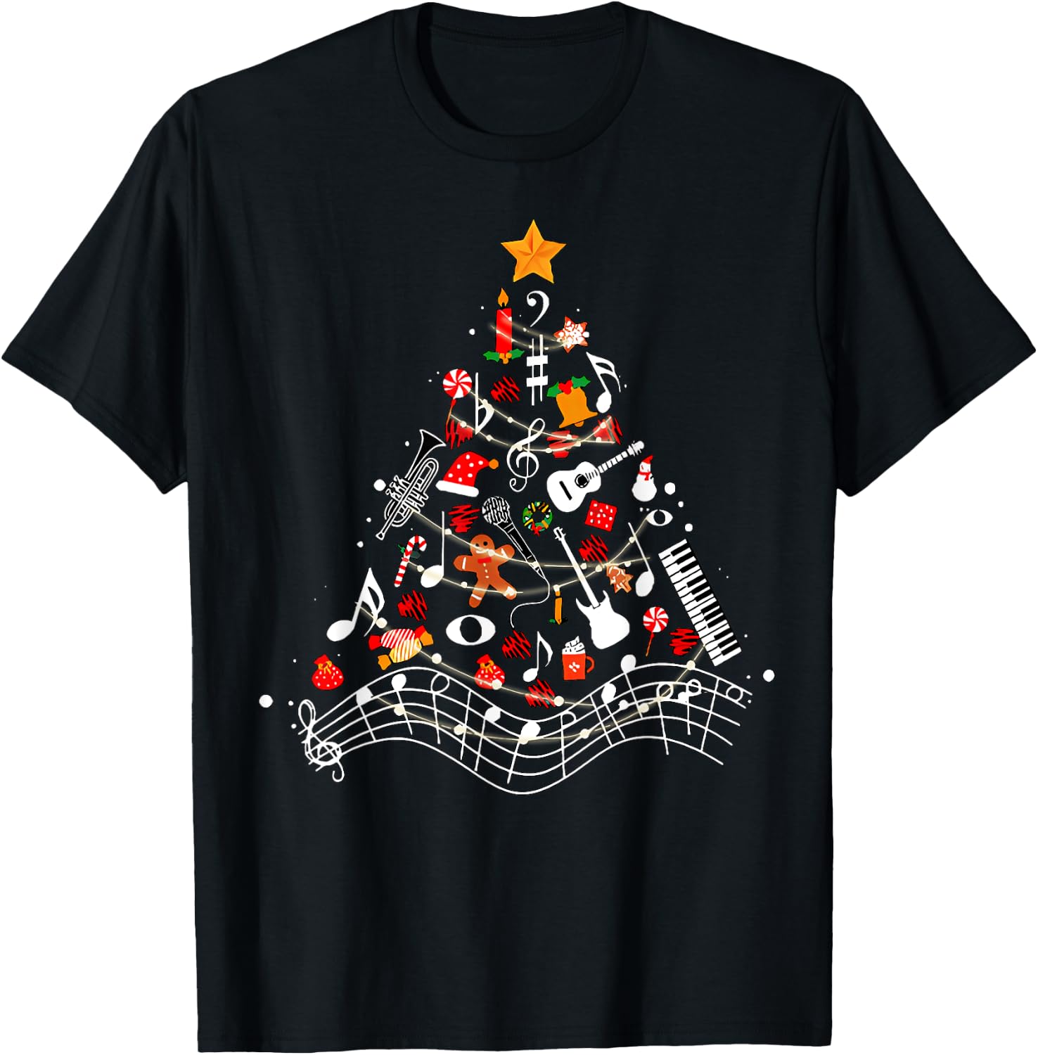 Music Notes Christmas Tree Musical Teacher Music Xmas Tree Women Kids T-Shirt - T-Shirt | Black
