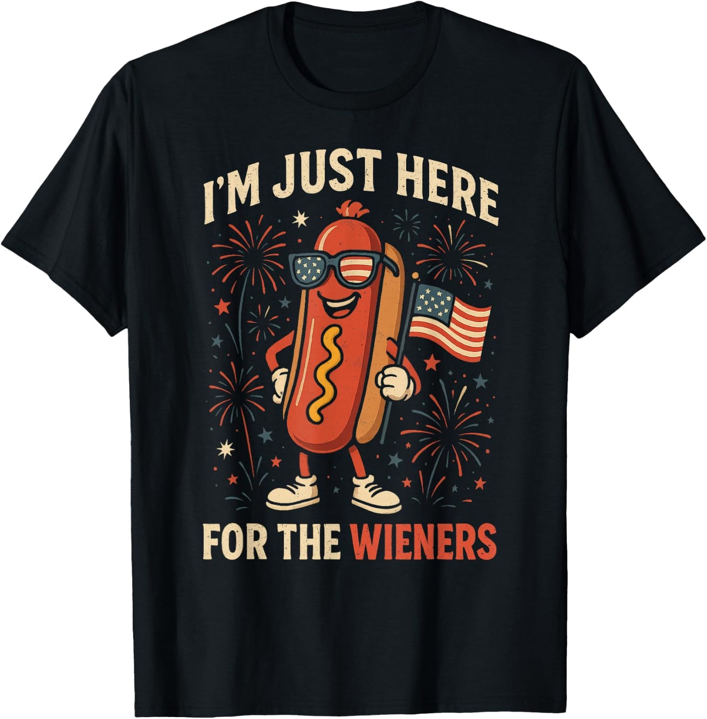 Vintage Hot Dog I'm Just Here For The Wieners 4TH of July T-Shirt - T-Shirt | Black