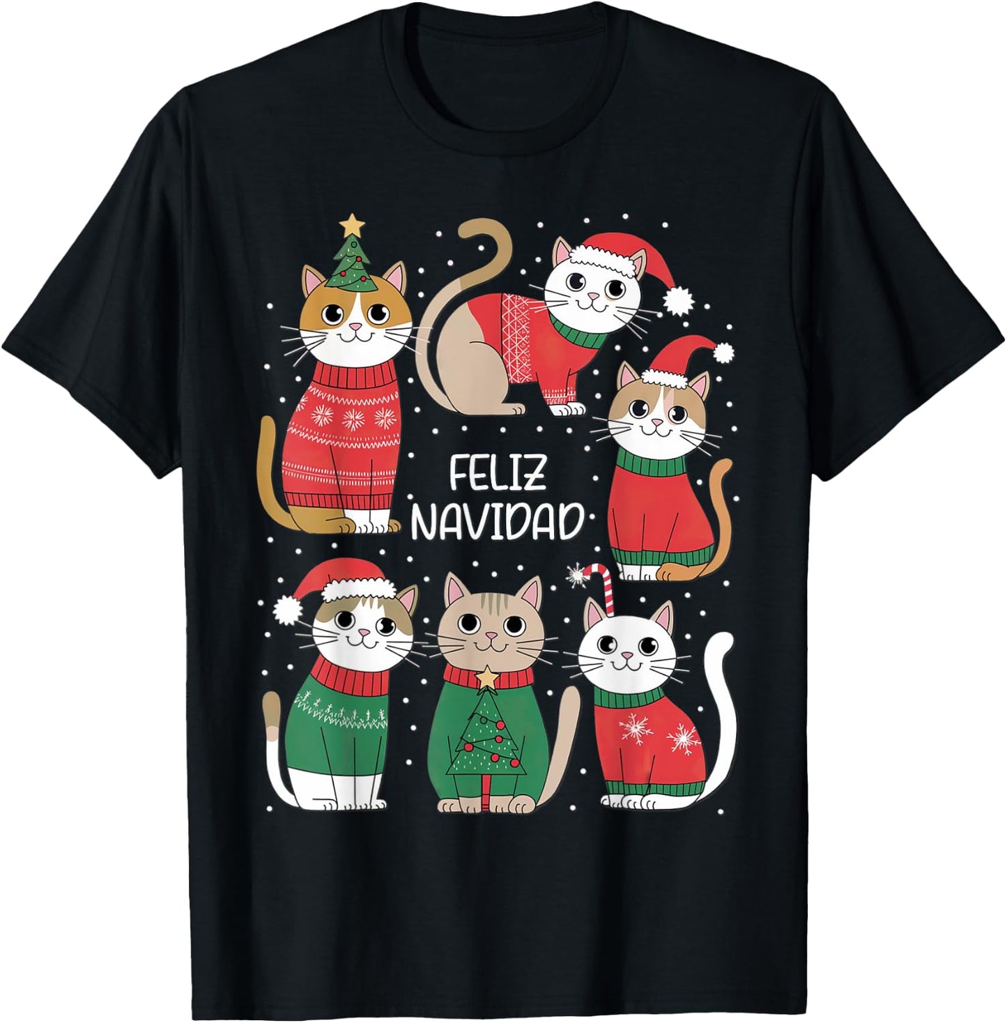 Feliz Navidad Spanish Cats Holiday Kittens , Black, S T-Shirt - T-Shirt | Black