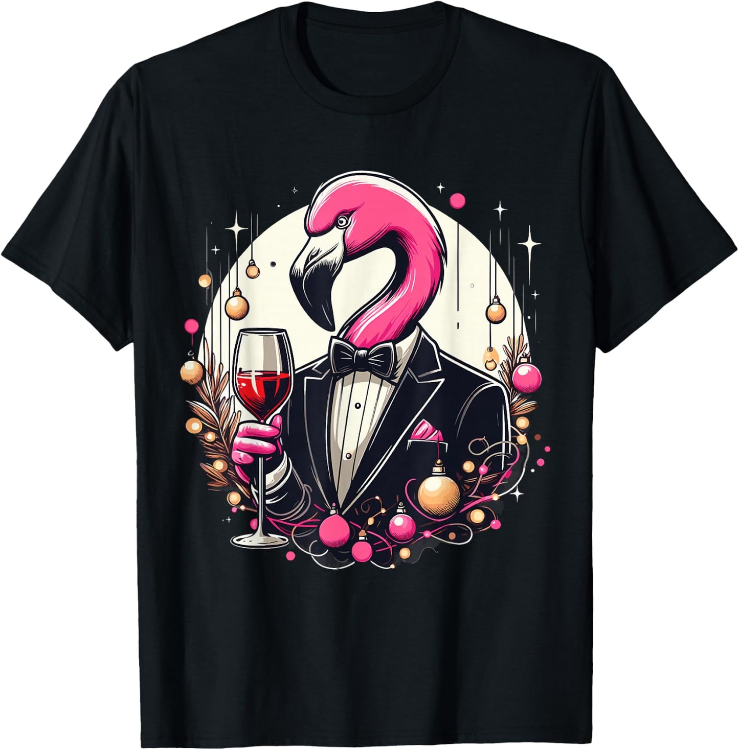 Pink Flamingo Wine Glasses With Tuxedo Costume Love Flamingo T-Shirt - T-Shirt | Black