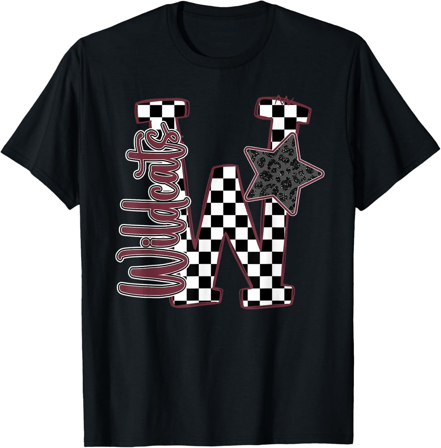 Maroon Wildcats Checkered Print Star Leopard School Spirit T-Shirt - T-Shirt | Black
