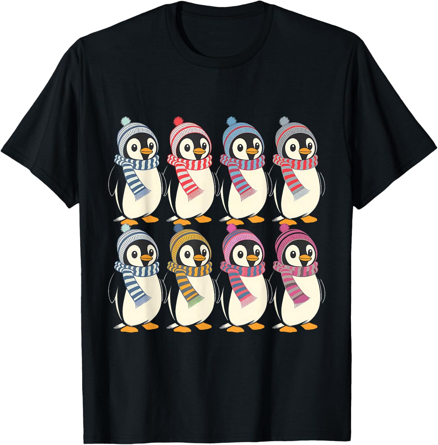 Arctic Penguins in Scarves and Hats Cute Design T-Shirt - T-Shirt | Black