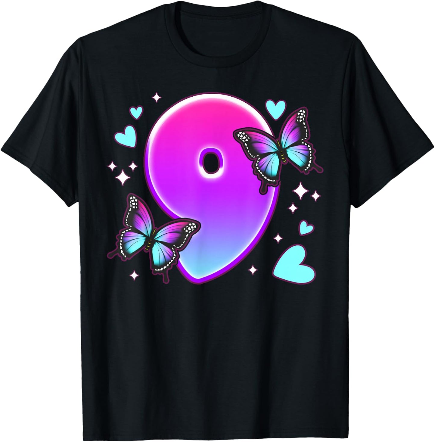 Geburtstag Mädchen 9 Jahre, Schmetterlinge und Nummer 9 T-Shirt - T-Shirt | Black