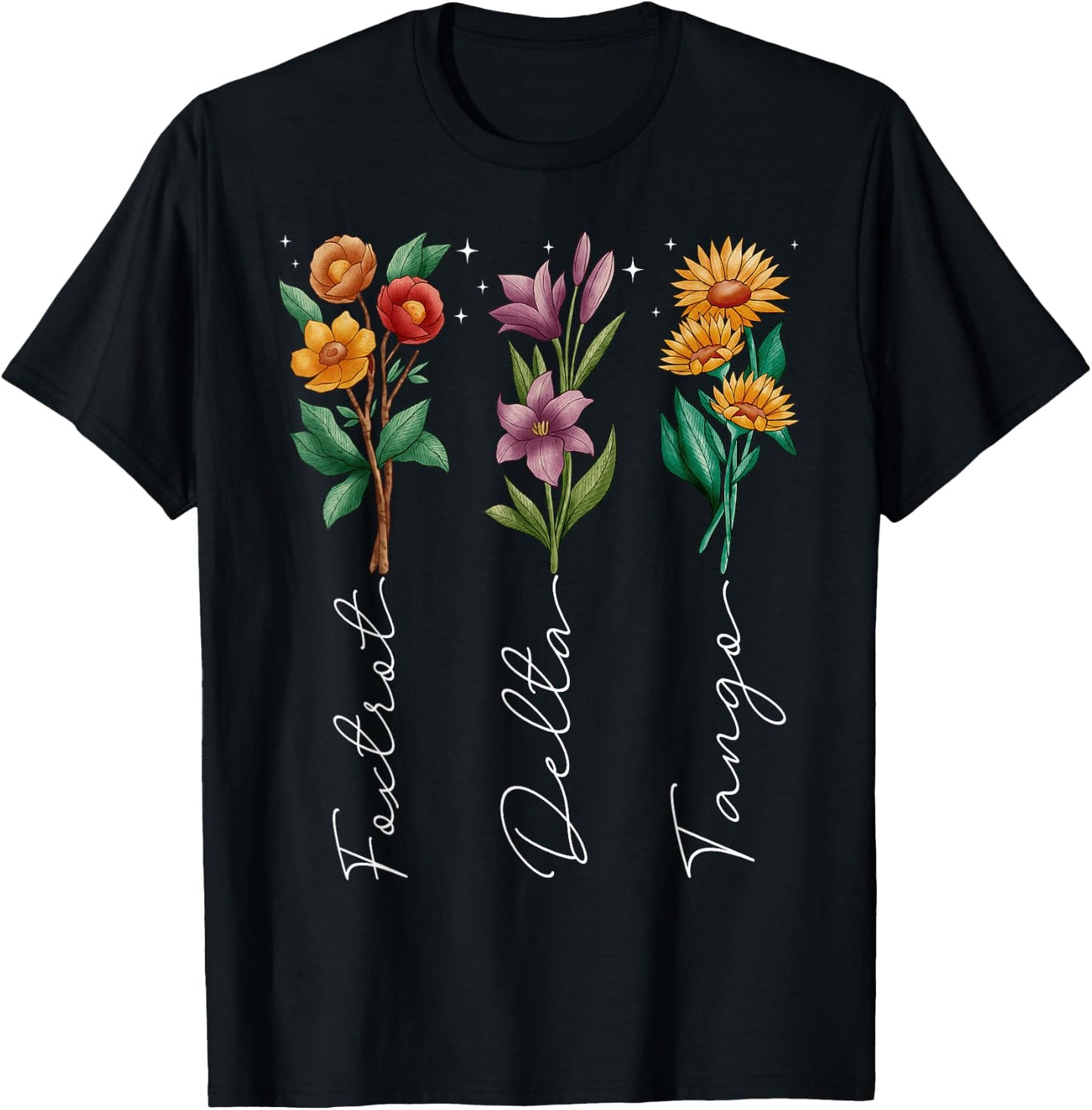 Retro Boho Funny Foxtrots Deltas Tangos Flower Men Women T-Shirt - T-Shirt | Black