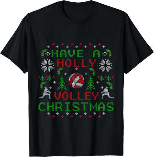 Funny Holly Volleyball Ugly Christmas Sweater Party Shirts T-Shirt - T-Shirt | Black