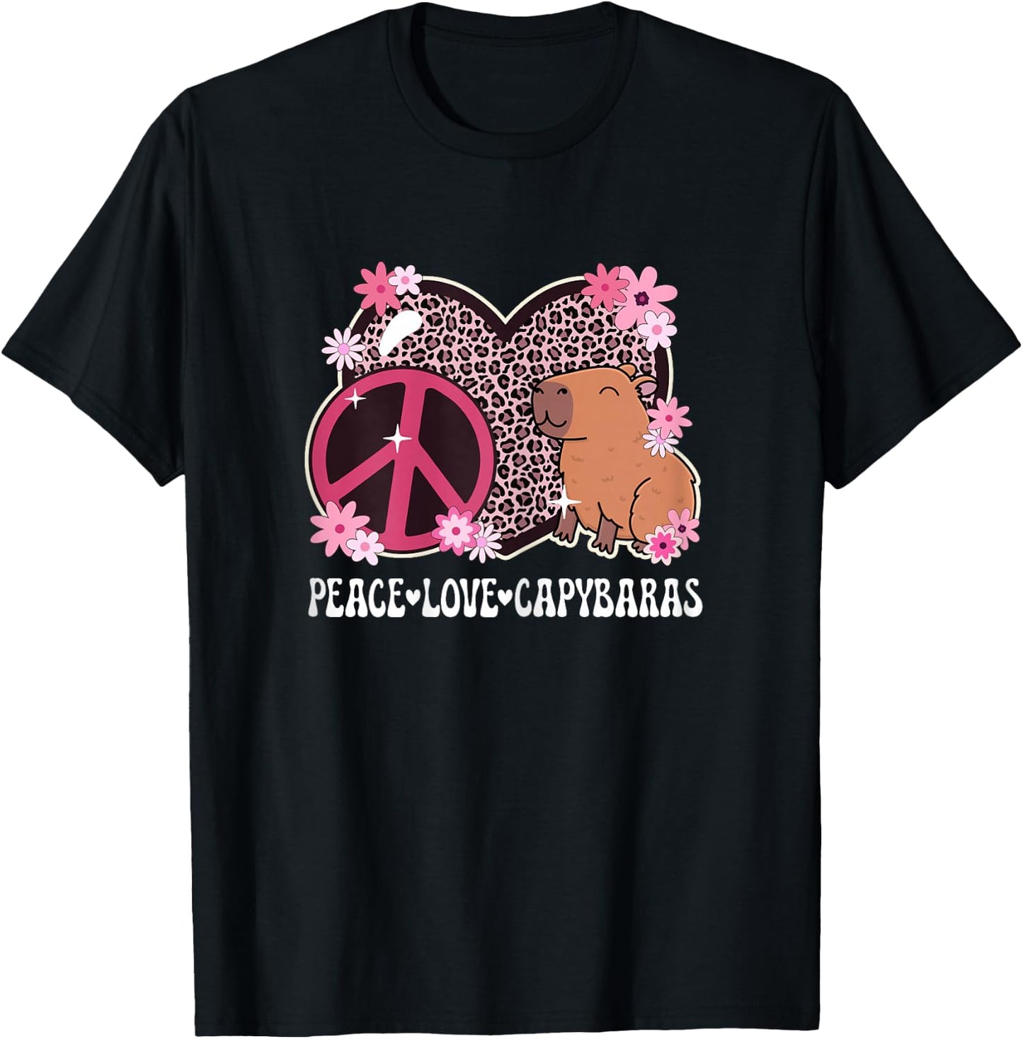 Peace Love Capybaras Leopard Print Women Cute Capybara Lover T-Shirt - T-Shirt | Black