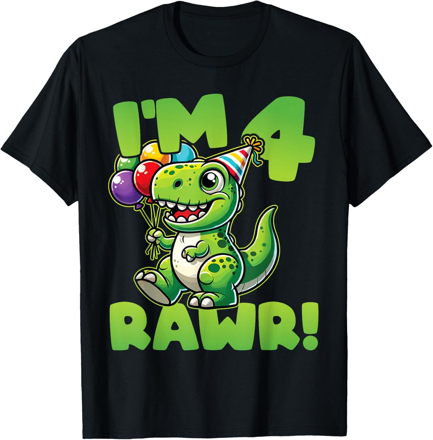 Dinosaur 4th Birthday I'm Four Rawr Cute T-Rex Party T-Shirt - T-Shirt | Black
