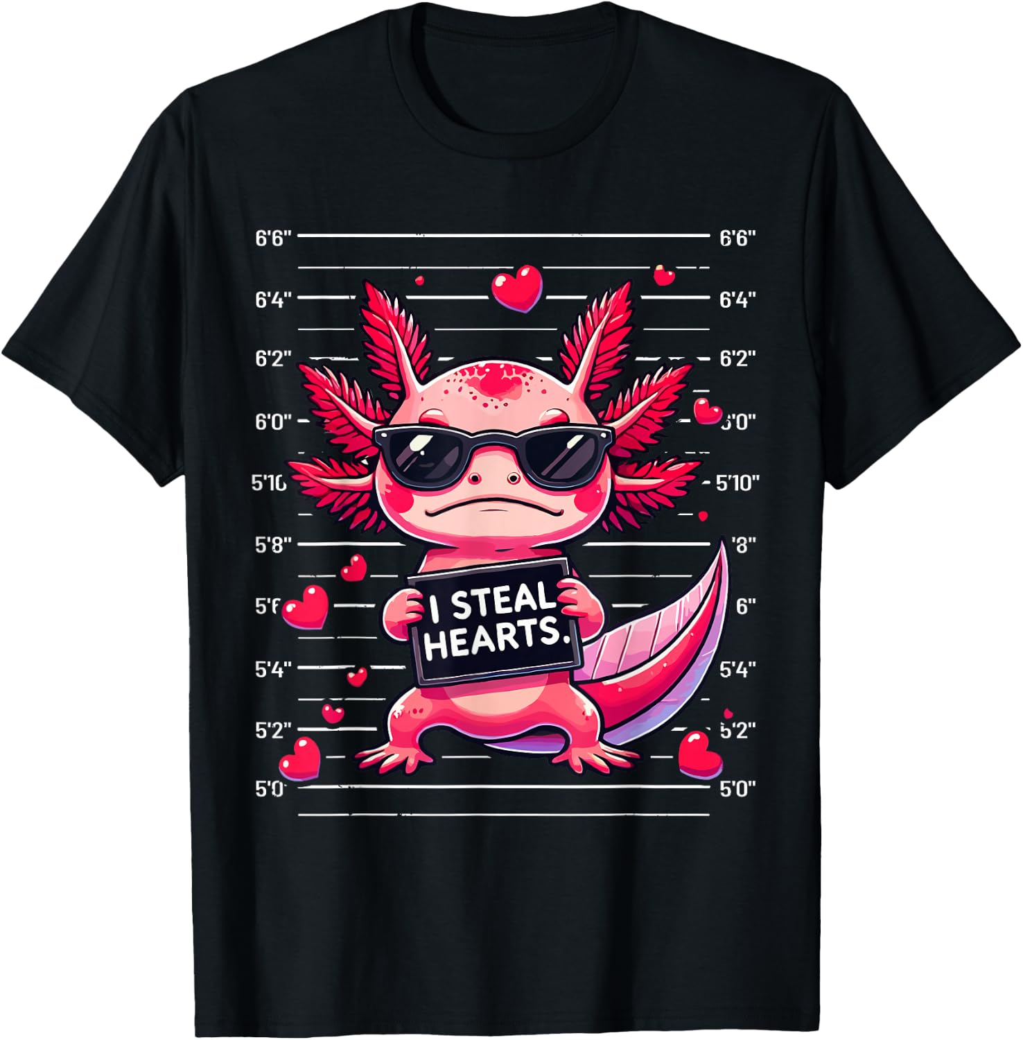 Cute Axolotl I Steal Hearts Mugshot Funny Valentine Quote T-Shirt - T-Shirt | Black