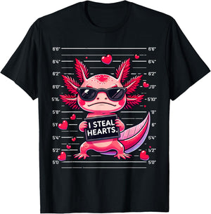 Cute Axolotl I Steal Hearts Mugshot Funny Valentine Quote T-Shirt - T-Shirt | Black
